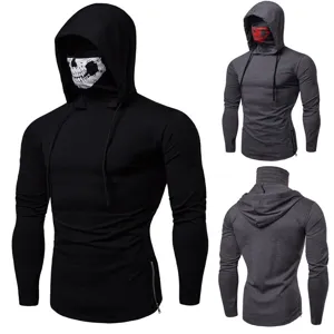 Men tactical long sleeve hoodie with built-in skull face mask black and grey variant