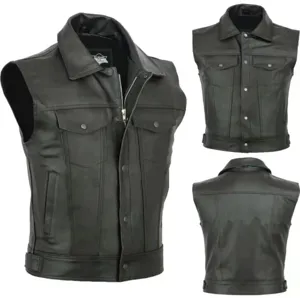 Men's Punk Motorcycle Vest Polyester Faux Leather Look Sleeveless Jacket With Stand Collar Multi Pockets Zipper Snap Top For Casual Riding