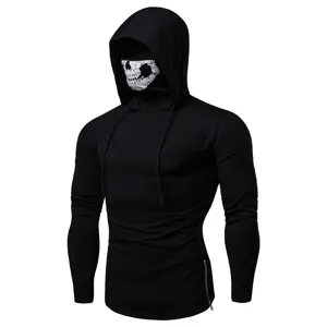 Men's tactical ninja hoodie black slim fit long sleeve shirt with skull face mask design