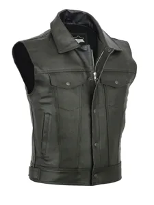 Black leather motorcycle vest detail, stand collar, front zip and snap closure, pocket.