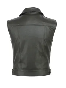 Back detail view of black leather motorcycle vest showing premium stitching and punk style.