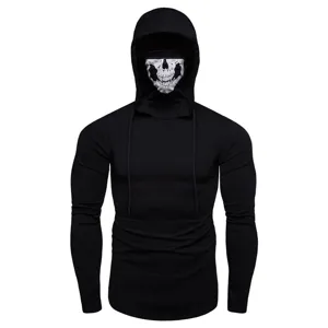 Detailed view of black men long sleeve compression hoodie with cool skull face mask design.