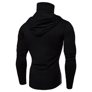 Detailed back view of men's black stretch ninja hoodie long sleeve t-shirt with side zipper.