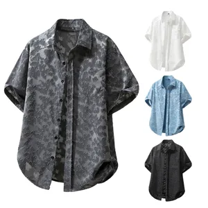 Camicia Uomo Casual Retrò a Maniche Corte Invecchiata Stile Streetwear Spiaggia Poliestere Stampata Top con Taschino
