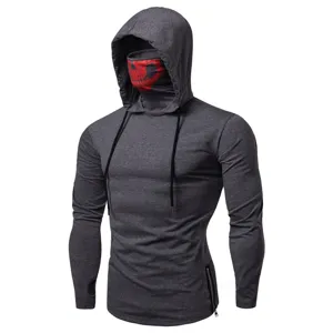 Men's ninja hoodie long sleeve t-shirt with skull face mask and side zipper details.