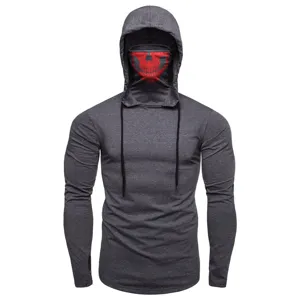 Men's stretch ninja long sleeve hooded t-shirt with skull face mask fitness top.