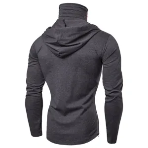 Back view of men's dark grey stretch long sleeve hoodie, ninja style high collar detail.