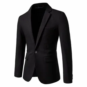 Men slim fit black casual blazer jacket stylish single button suit top for autumn and winter.