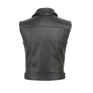 Black leather motorcycle vest for men, punk style sleeveless biker jacket back view