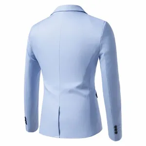 Back view detail of light blue slim fit casual suit jacket for men showing smooth fabric.