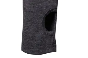 Close-up detail of dark grey long sleeve fitness shirt cuff with practical thumbhole design.