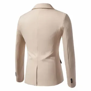 Men casual slim fit suit jacket back view, stylish solid color business blazer top.