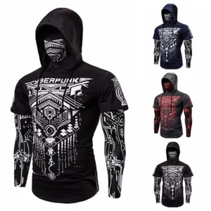 Men's Techwear Hooded Long Sleeve T-Shirt With Face Mask Skeleton Printed Ninja Top For Fitness Gym Sports Tech Wear