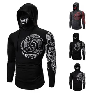 Men tactical ninja hoodie skull mask long sleeve gym athletic fitness shirt apparel top