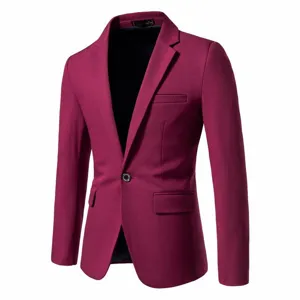 Detailed view of men's slim fit casual suit jacket in stylish burgundy, single button.