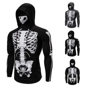 Men's skeleton printed tactical hoodie long sleeve shirt with matching skull mask for fitness.