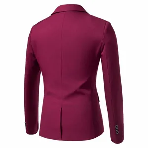 Men's casual slim blazer jacket back view detail, stylish burgundy suit coat design.