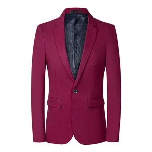 Men's slim fit casual suit jacket, stylish single-button blazer in burgundy for autumn.