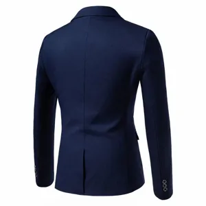 Men's casual blazer back view detail, slim fit dark blue suit jacket tailoring and back slit.