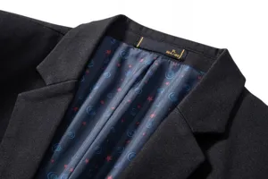 Detail view of men's casual slim blazer collar and stylish patterned inner lining.