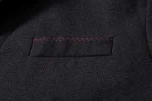 Men casual blazer pocket detail close up black fabric stylish daily outerwear design element.