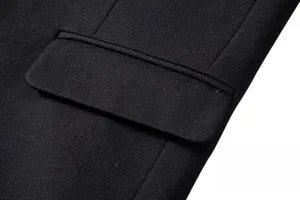 Close up detail of mens black casual blazer jacket pocket fine stitching texture fabric style.