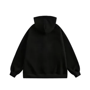 Detailed back view of a classic black men's casual hooded sweatshirt with ribbed hem and cuffs.