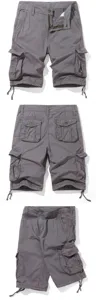 Detail view of men's gray cargo shorts featuring multiple utility pockets and adjustable drawstrings.