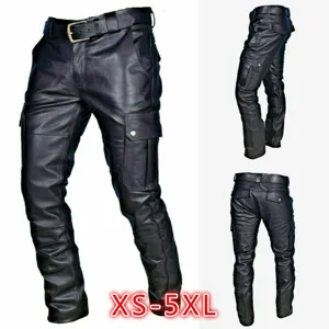 Men black PU leather cargo pants punk motorcycle trousers slim fit large size XS to 5XL