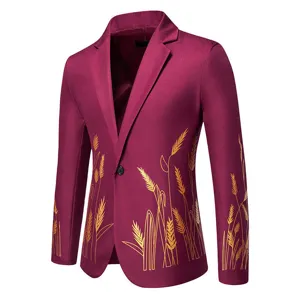 Giacca da uomo elegante bordeaux con stampa grano dorato vestibilità slim blazer chic