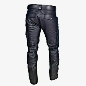 Men black PU leather punk motorcycle cargo pants back view detail display for daily wear.