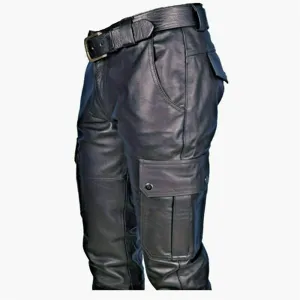 Black PU leather cargo pants detail shot with multiple utility pockets and metal buckle belt for men