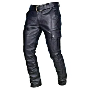 Men black PU leather cargo pants punk motorcycle trousers with multi pockets and belt stylish