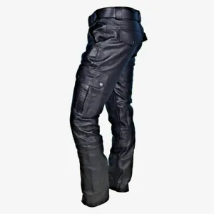 Black PU leather cargo pants detail view, showcasing multi-pocket design and texture.