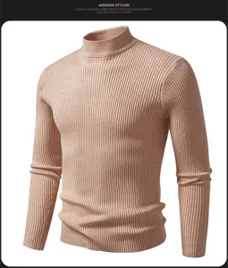 Close-up van heren geribbelde hoog-hals trui, slim fit thermisch onderhemd details.