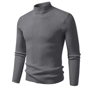 Grijze heren ribbreisel coltrui, slim fit lange mouw gebreide trui voor herfst.