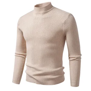 Heren beige geribbelde coltrui slim fit lange mouw herfst winter casual basic top
