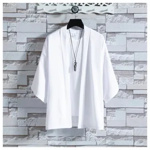 Men casual summer sun protection clothing Chinese style loose ice silk cardigan white coat.