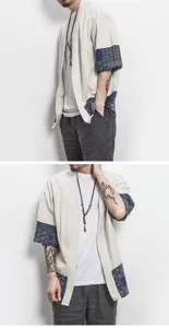 Hombre Estilo Chino Lino Cardigan Patchwork 3/4 Manga Casual Camisa Vista Detalle Verano