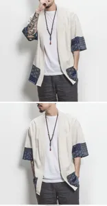 Vista detallada cárdigan de lino estilo chino para hombres patchwork manga 3/4 top zen.