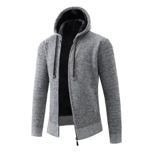 Giacca da Uomo in Maglia con Cappuccio Foderata in Pile Pesante con Cerniera Cardigan Tinta Unita Caldo Cappotto Invernale