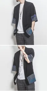 Cardigan hombre estilo chino de algodon lino patchwork camisa manga corta verano