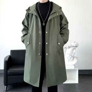 Men olive green hooded long trench coat streetwear casual outerwear jacket fashion apparel