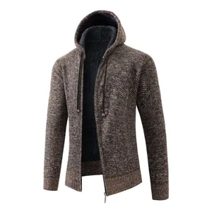 Cardigan in maglia con cappuccio foderato in pile termico da uomo marrone dettaglio