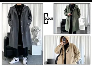Detailed view of the men's hooded long trench coat featuring adjustable drawstring and buttons.