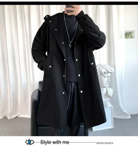 Men's black hooded trench coat long jacket casual outerwear detail view for stylish men