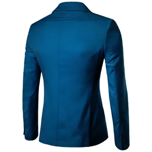 Men's solid color single button business casual slim suit jacket back view detail.