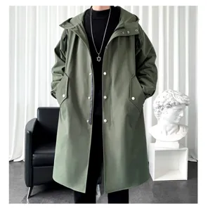 Men casual hooded trench coat detail showing long length, metal snaps and adjustable drawstring.