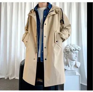 Men's Long Hooded Trench Coat Polyester Solid Color Korean Casual Windbreaker Loose Fit Fashion Long Sleeve Overcoat Jacket Top