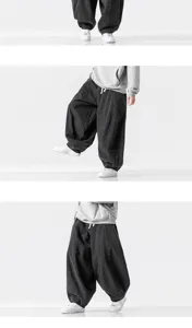 Men's loose baggy denim pants, Japanese style harem drop-crotch wide leg casual trousers.